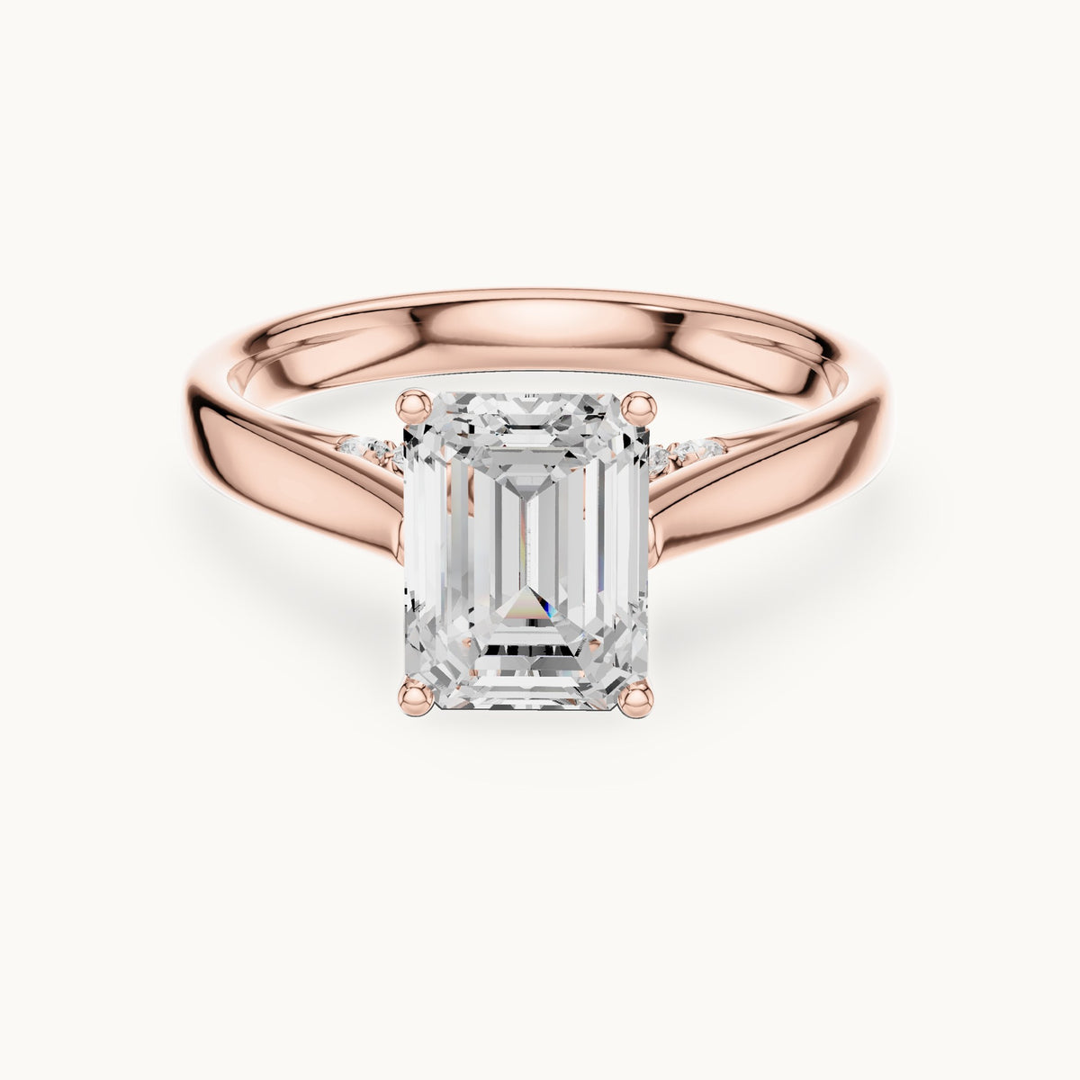 Emerald-cut lab-grown diamond cathedral solitaire engagement ring with hidden diamond accents in rose gold, 2.168 CT TW, view 4