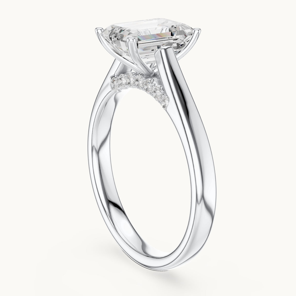 Emerald-cut lab-grown diamond cathedral solitaire engagement ring with hidden diamond accents in white gold, 2.168 CT TW, view 1