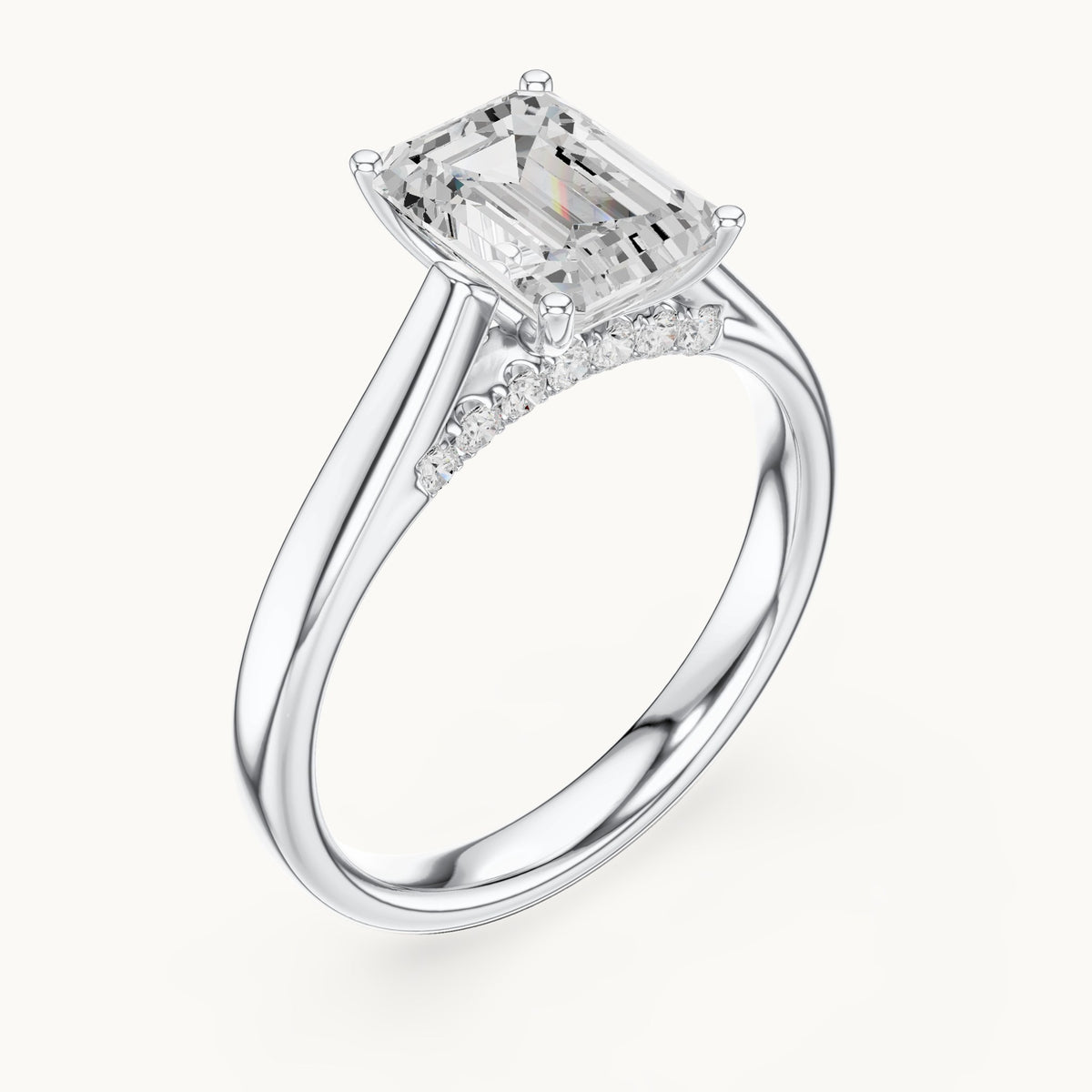 Emerald-cut lab-grown diamond cathedral solitaire engagement ring with hidden diamond accents in white gold, 2.168 CT TW, view 2