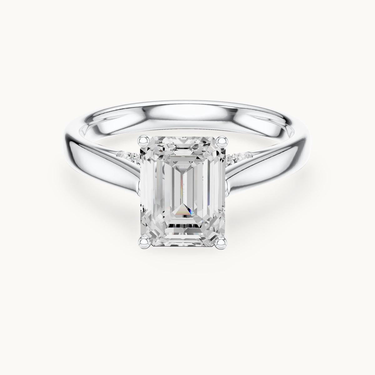 Emerald-cut lab-grown diamond cathedral solitaire engagement ring with hidden diamond accents in white gold, 2.168 CT TW, view 4