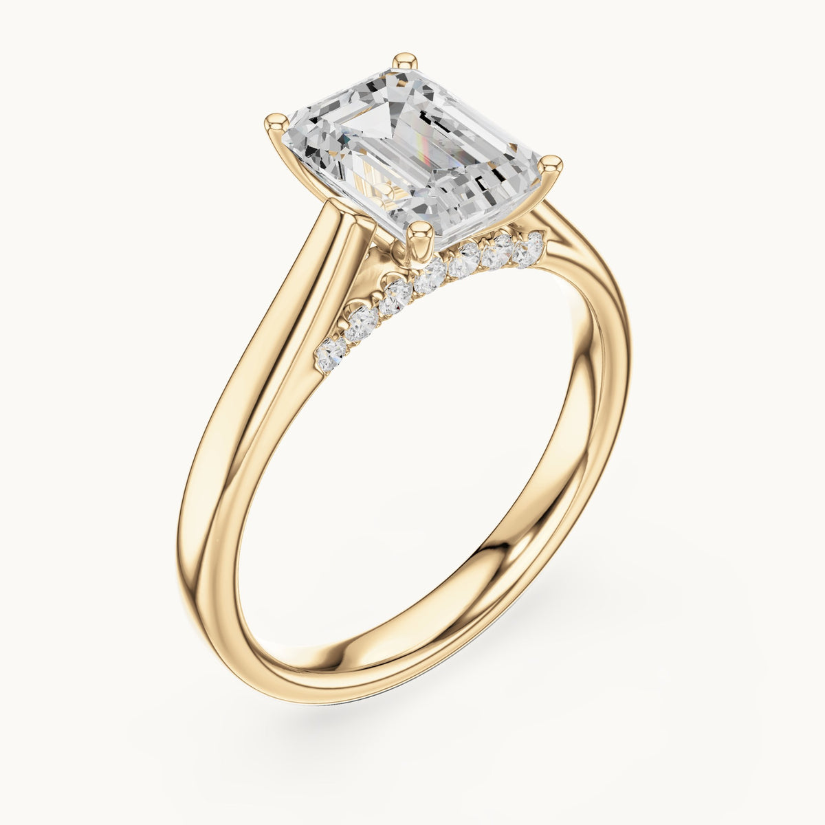 Emerald-cut lab-grown diamond cathedral solitaire engagement ring with hidden diamond accents in yellow gold, 2.168 CT TW, view 2
