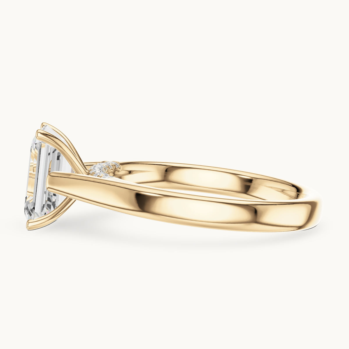 Emerald-cut lab-grown diamond cathedral solitaire engagement ring with hidden diamond accents in yellow gold, 2.168 CT TW, view 3