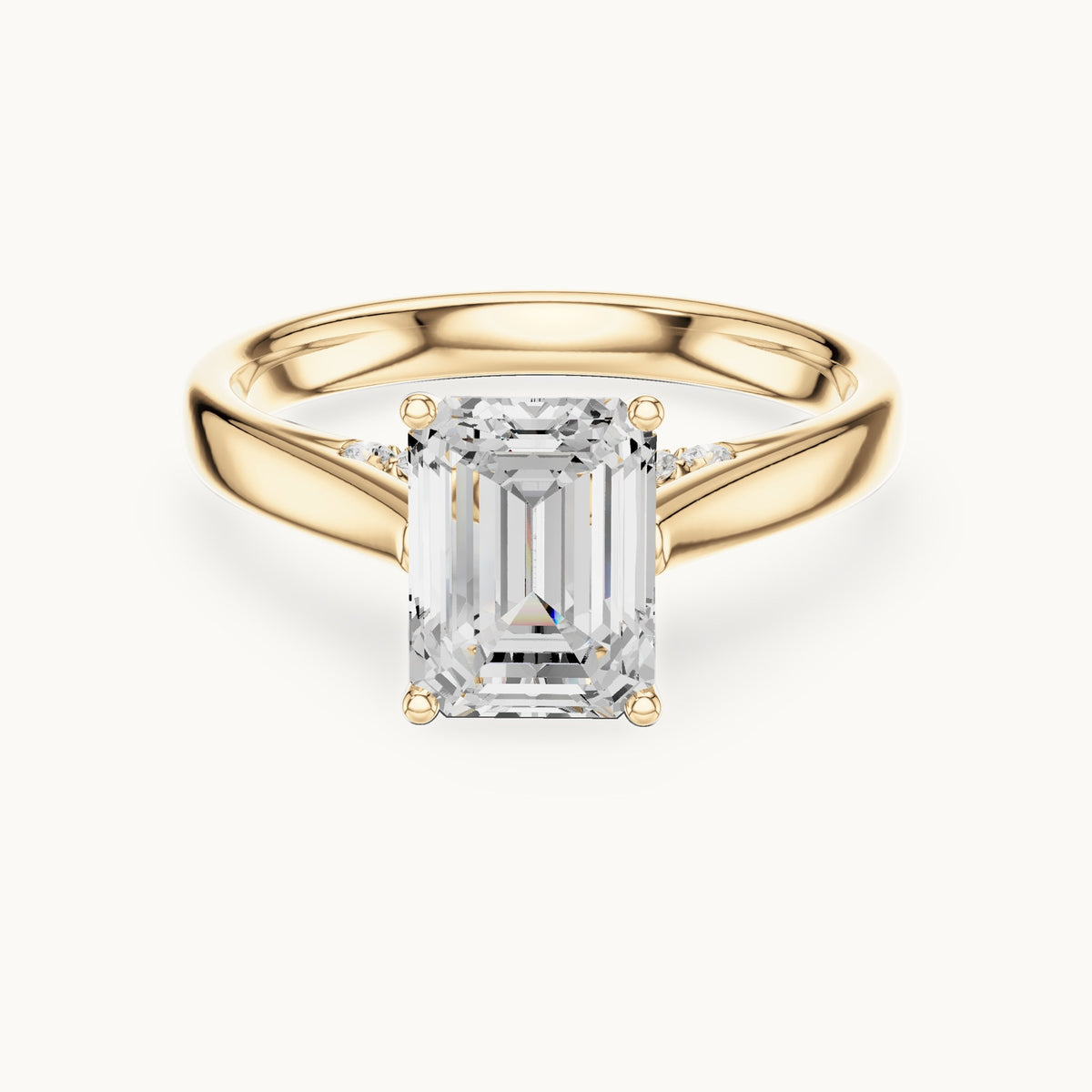 Emerald-cut lab-grown diamond cathedral solitaire engagement ring with hidden diamond accents in yellow gold, 2.168 CT TW, view 4
