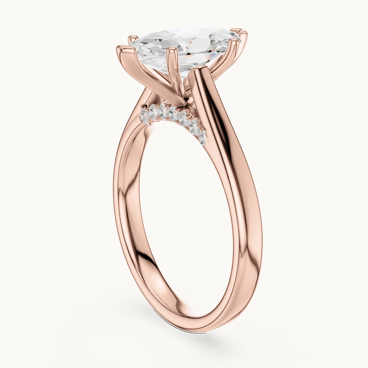 Marquise lab-grown diamond cathedral solitaire engagement ring with hidden diamond accents in rose gold, 2.168 CT TW, view 1