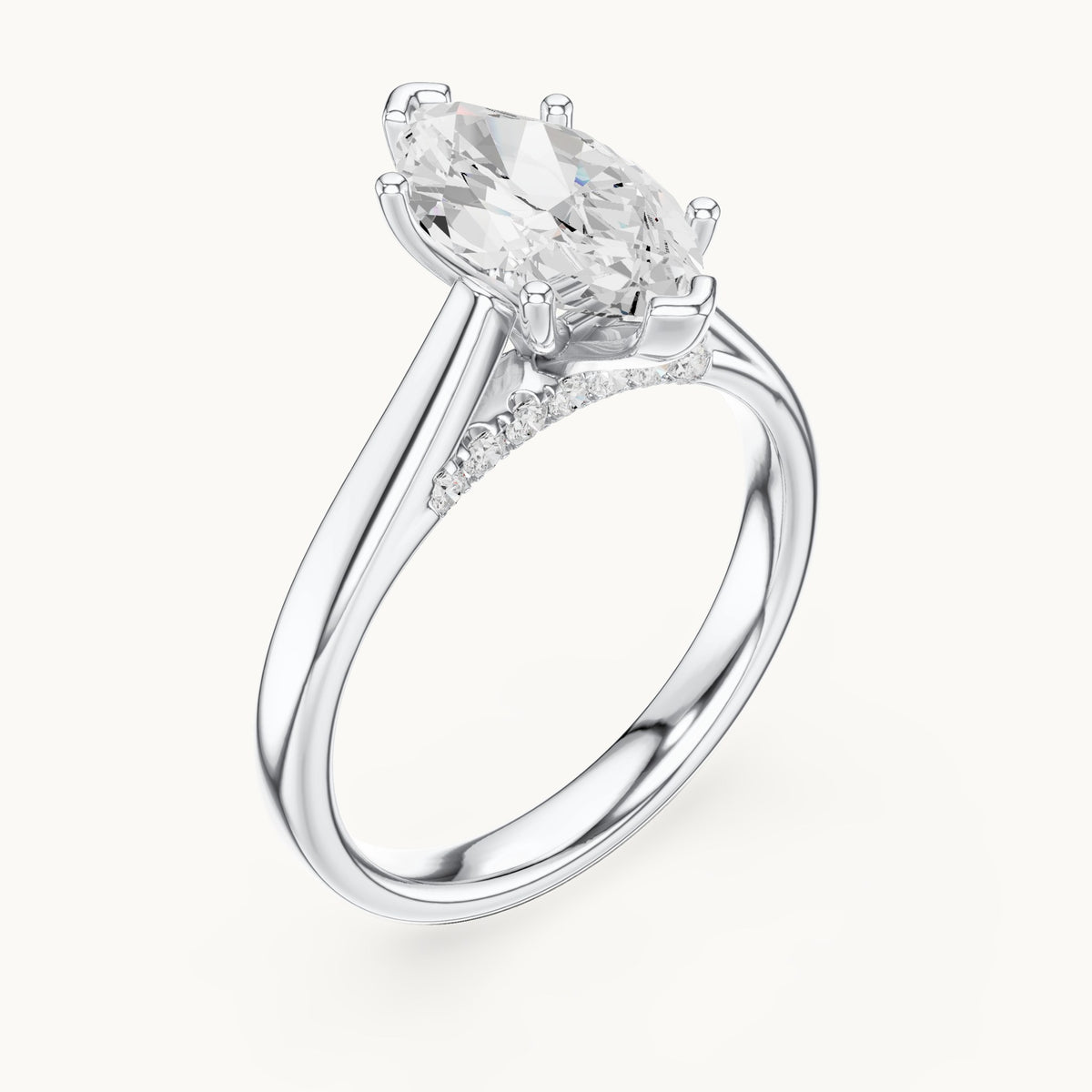 Marquise lab-grown diamond cathedral solitaire engagement ring with hidden diamond accents in white gold, 2.168 CT TW, view 2