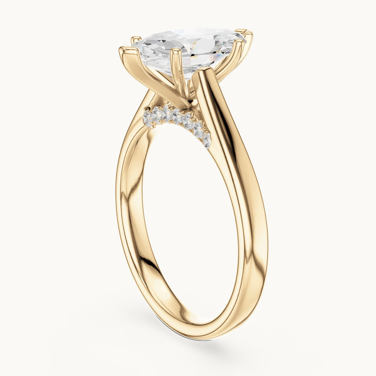 Marquise lab-grown diamond cathedral solitaire engagement ring with hidden diamond accents in yellow gold, 2.168 CT TW, view 1