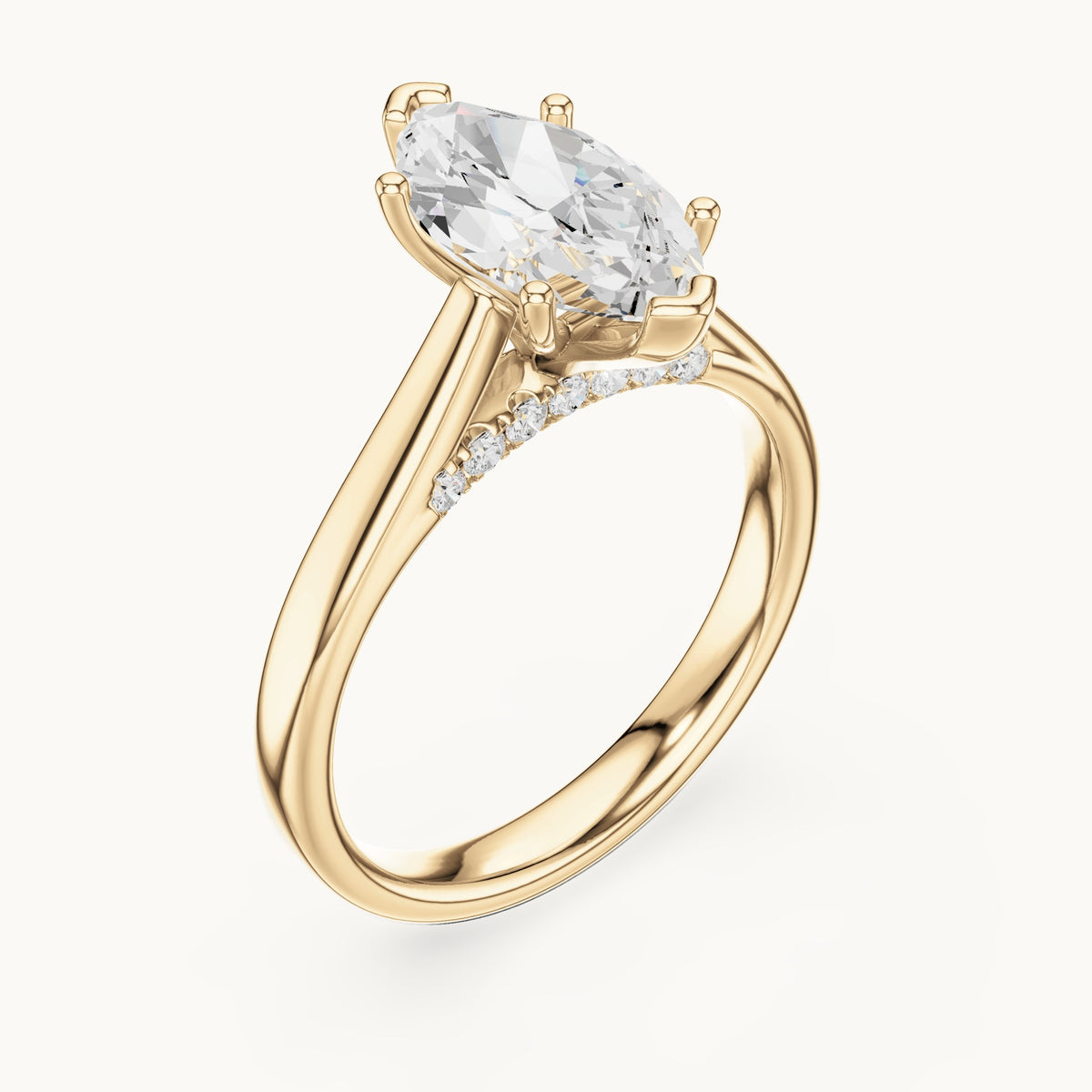 Marquise lab-grown diamond cathedral solitaire engagement ring with hidden diamond accents in yellow gold, 2.168 CT TW, view 2