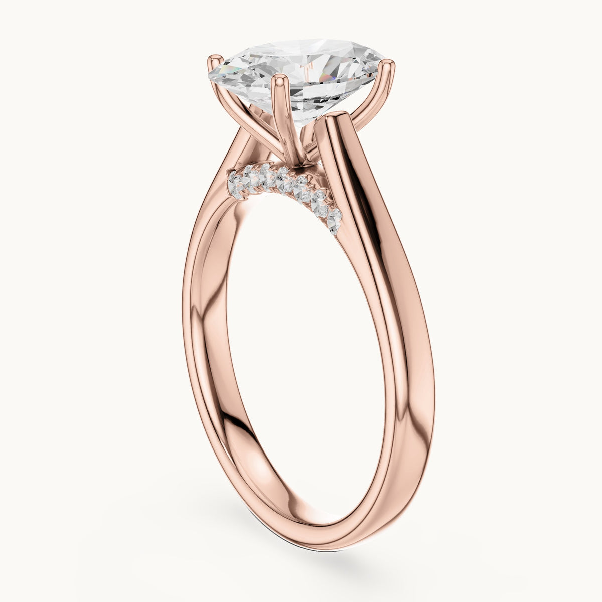 Oval lab-grown diamond cathedral solitaire engagement ring with hidden diamond accents in rose gold, 2.168 CT TW, view 1