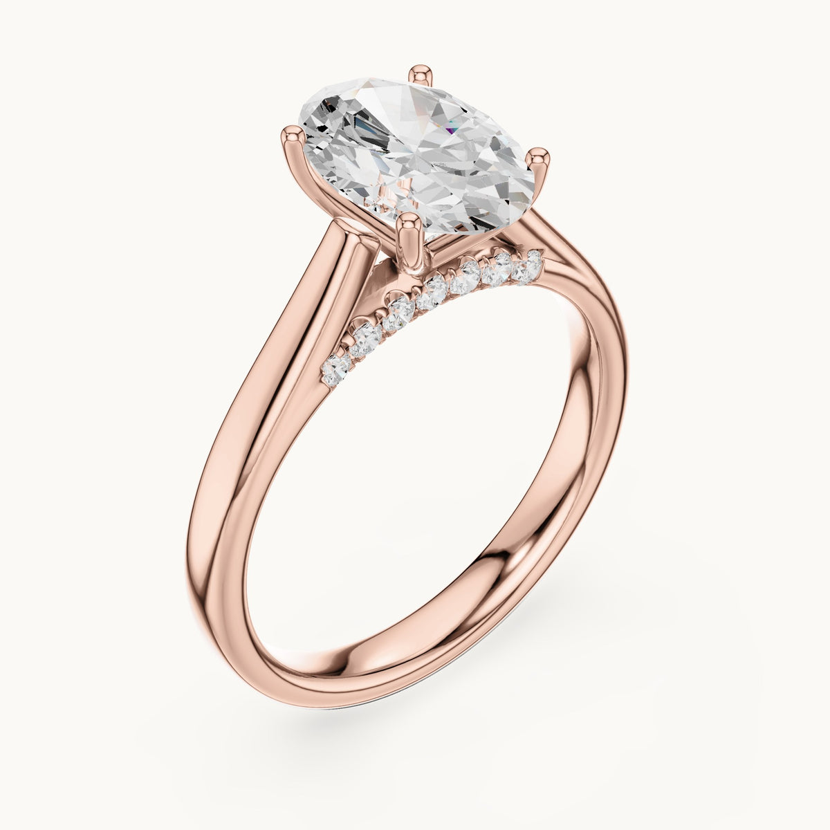 Oval lab-grown diamond cathedral solitaire engagement ring with hidden diamond accents in rose gold, 2.168 CT TW, view 2