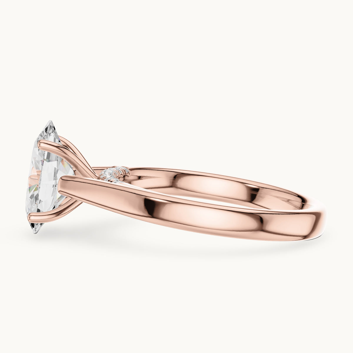 Oval lab-grown diamond cathedral solitaire engagement ring with hidden diamond accents in rose gold, 2.168 CT TW, view 3