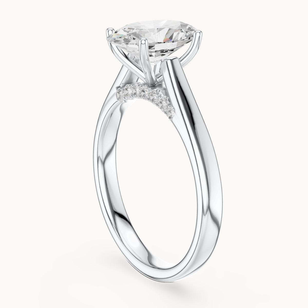 Oval lab-grown diamond cathedral solitaire engagement ring with hidden diamond accents in white gold, 2.168 CT TW, view 1