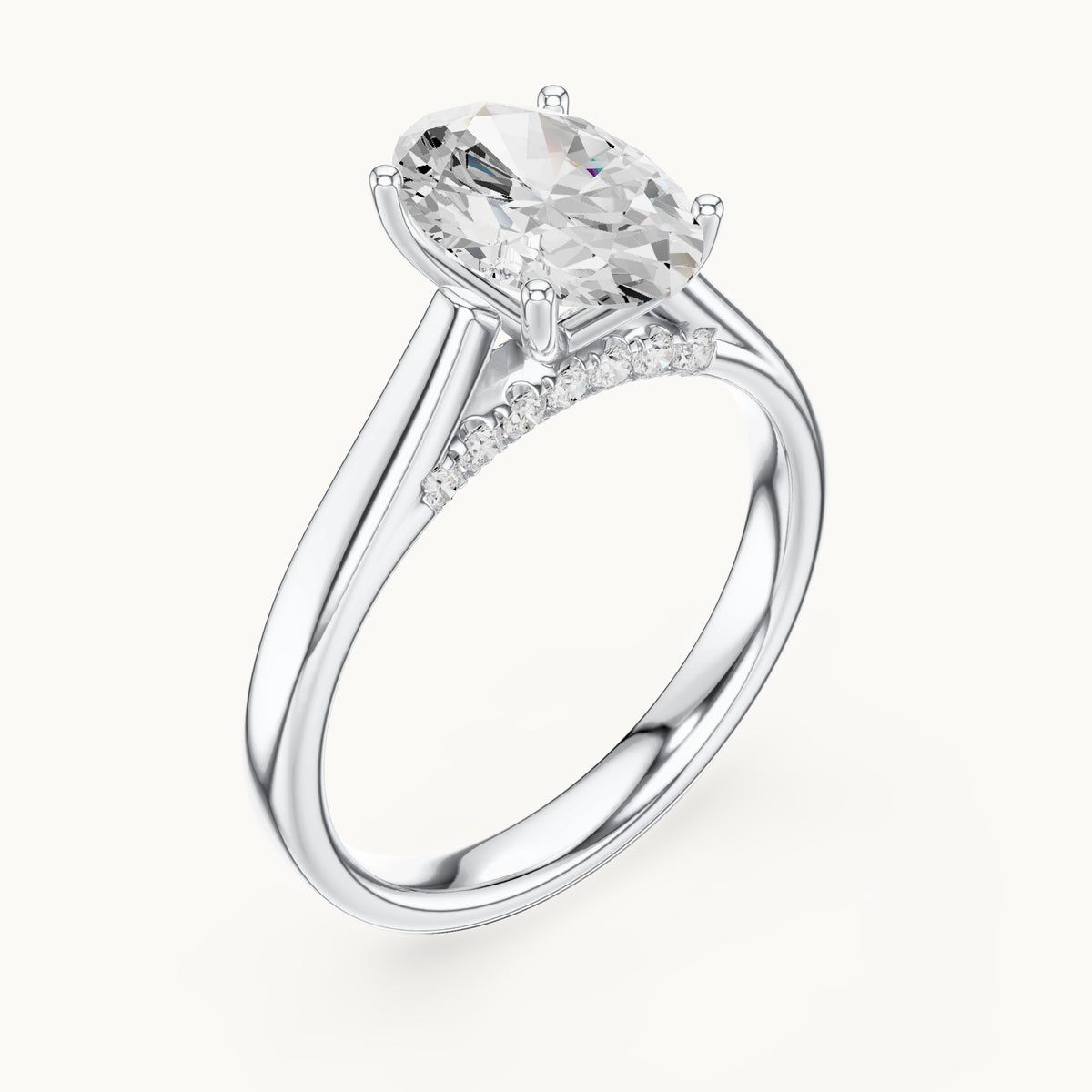 Oval lab-grown diamond cathedral solitaire engagement ring with hidden diamond accents in white gold, 2.168 CT TW, view 2