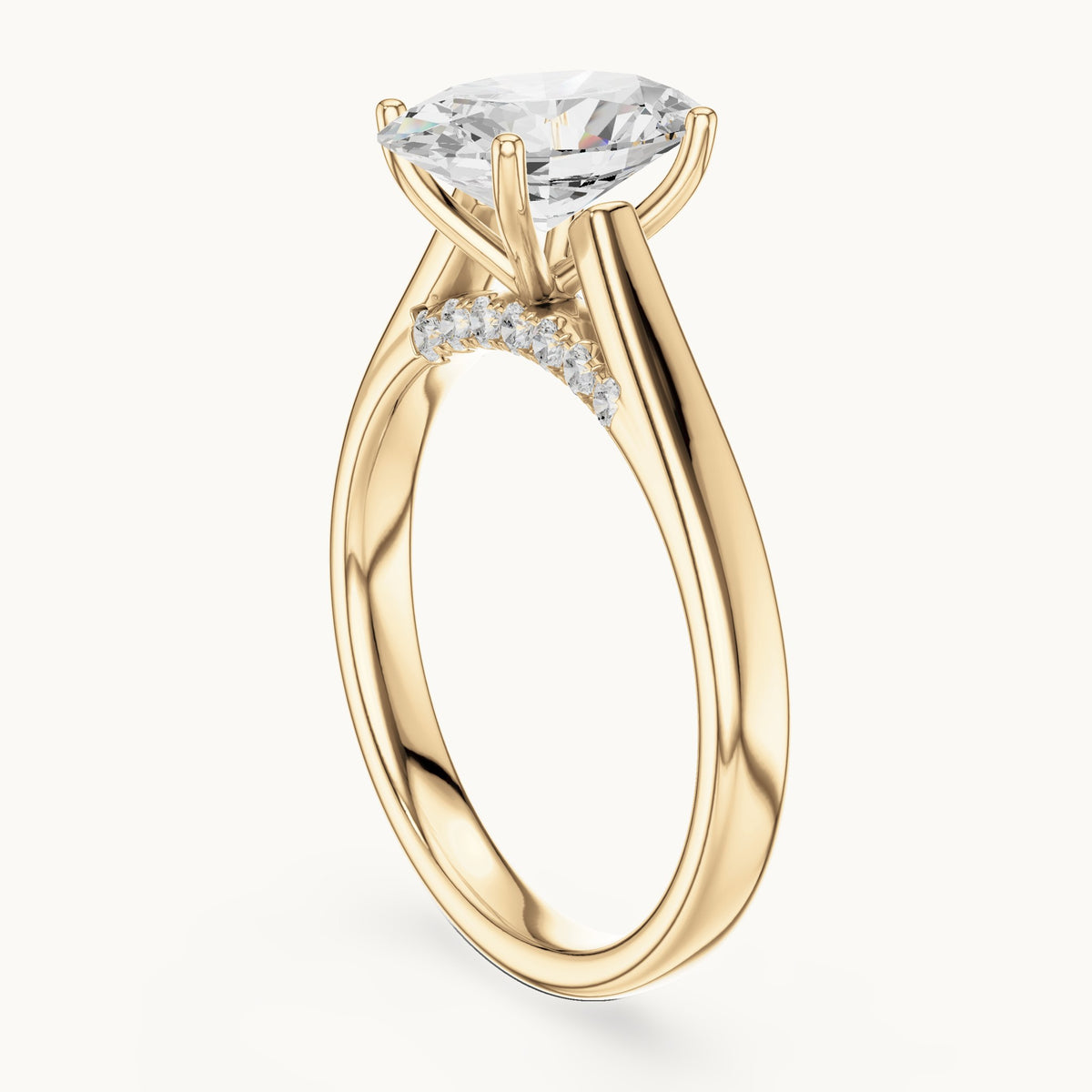 Oval lab-grown diamond cathedral solitaire engagement ring with hidden diamond accents in yellow gold, 2.168 CT TW, view 1