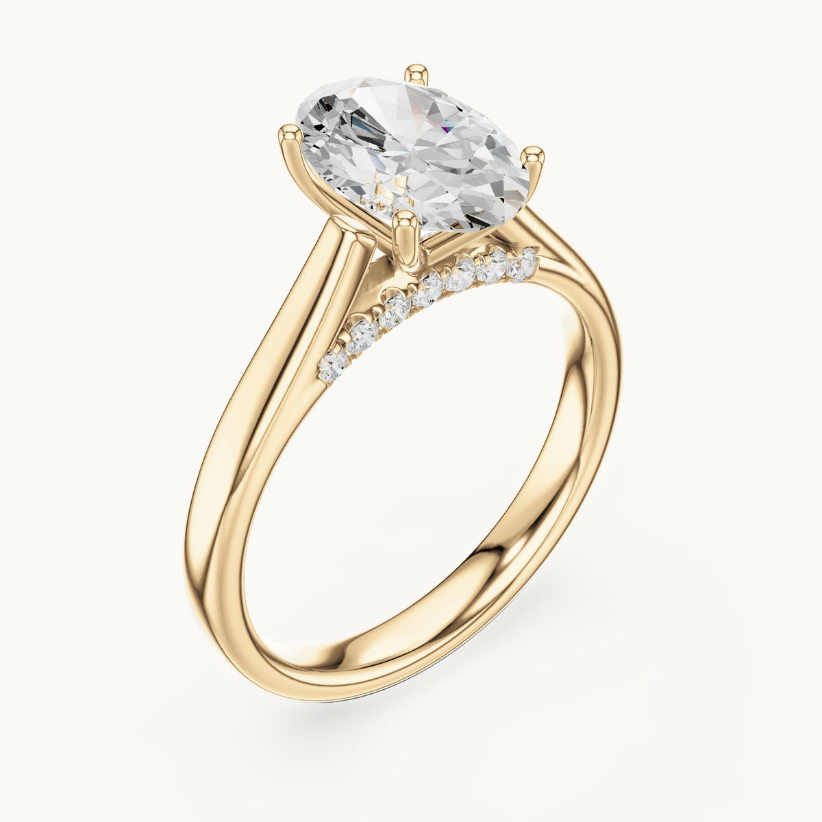 Oval lab-grown diamond cathedral solitaire engagement ring with hidden diamond accents in yellow gold, 2.168 CT TW, view 2