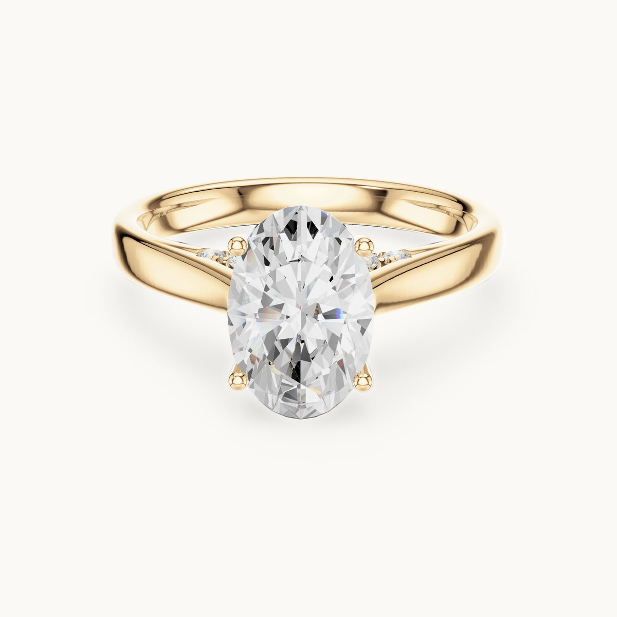 Oval lab-grown diamond cathedral solitaire engagement ring with hidden diamond accents in yellow gold, 2.168 CT TW, view 4