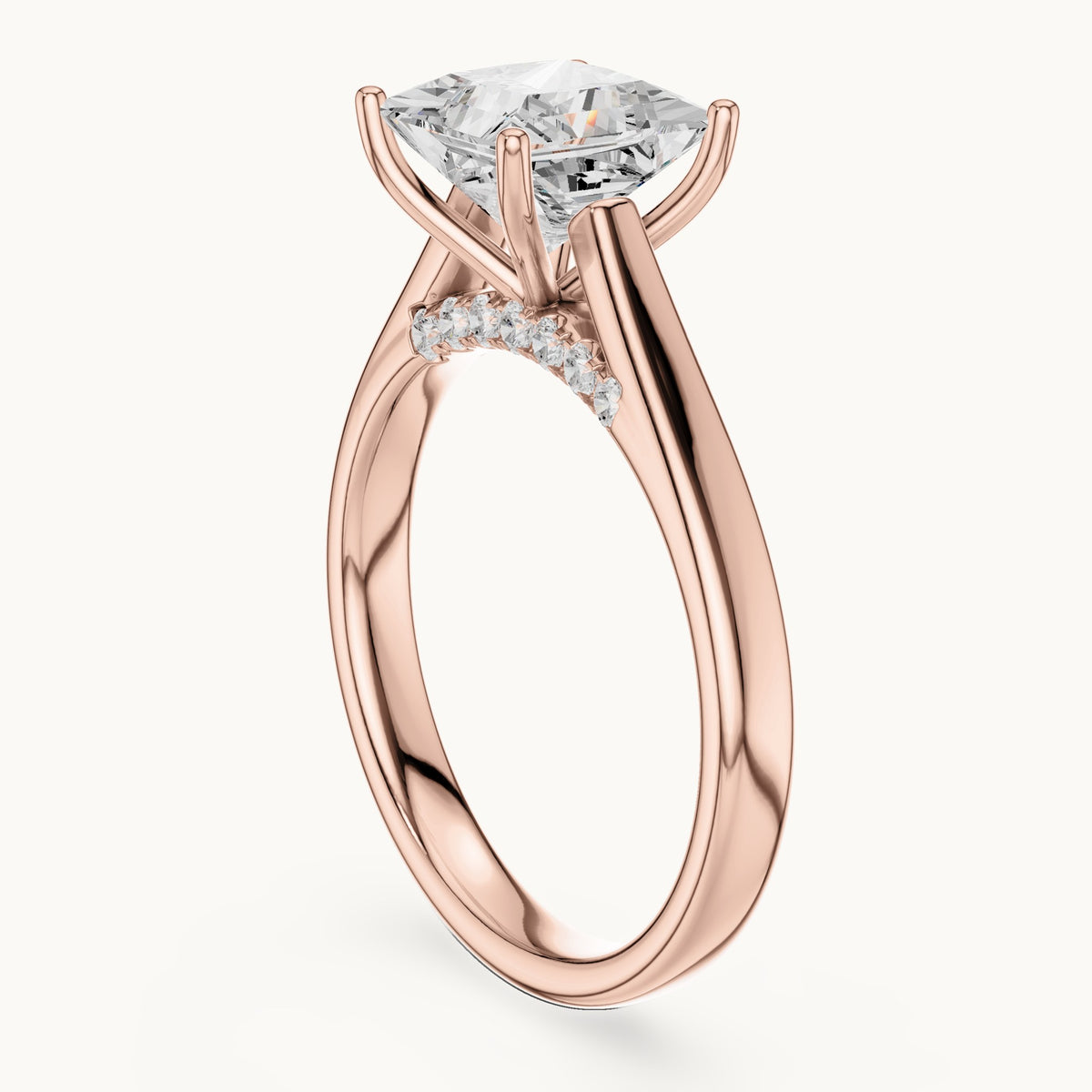Princess-cut lab-grown diamond cathedral solitaire engagement ring with hidden diamond accents in rose gold, 2.168 CT TW, view 1