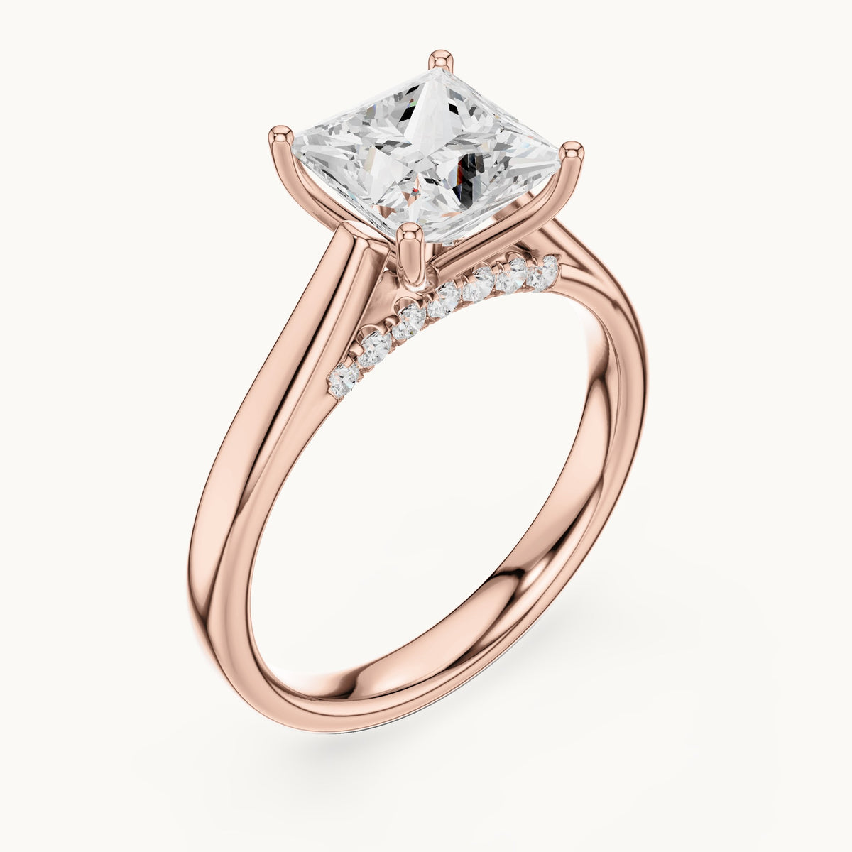 Princess-cut lab-grown diamond cathedral solitaire engagement ring with hidden diamond accents in rose gold, 2.168 CT TW, view 2
