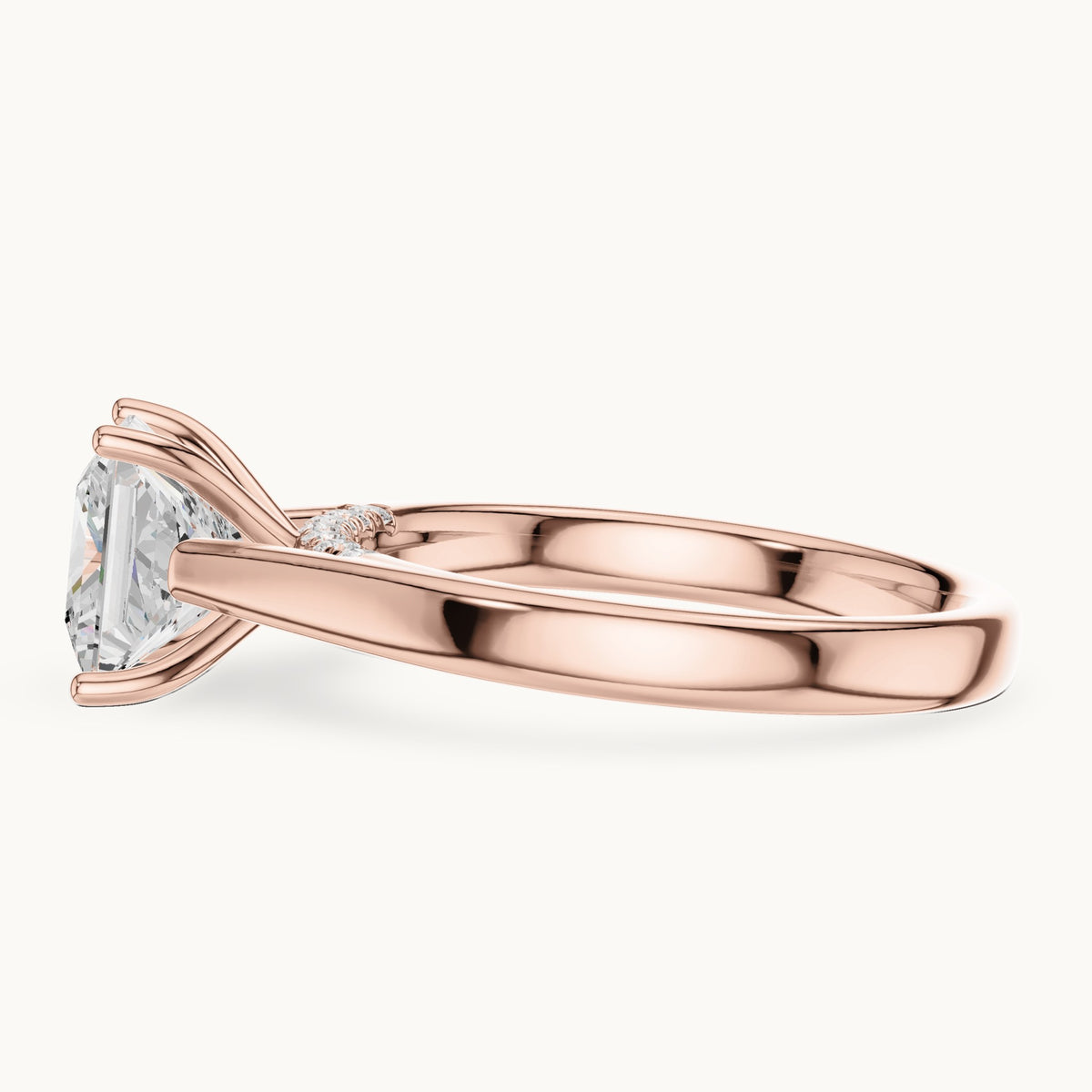 Princess-cut lab-grown diamond cathedral solitaire engagement ring with hidden diamond accents in rose gold, 2.168 CT TW, view 3