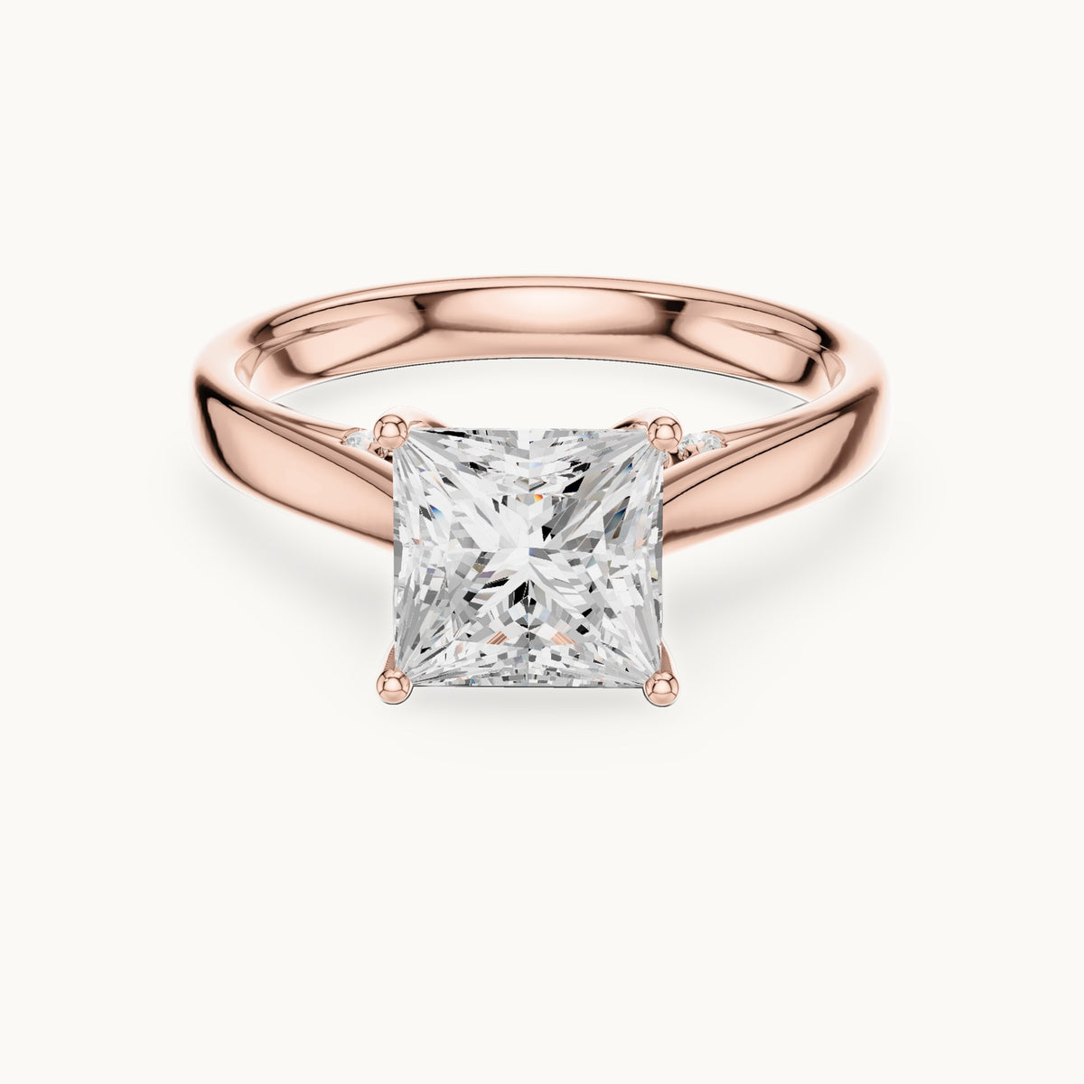 Princess-cut lab-grown diamond cathedral solitaire engagement ring with hidden diamond accents in rose gold, 2.168 CT TW, view 4