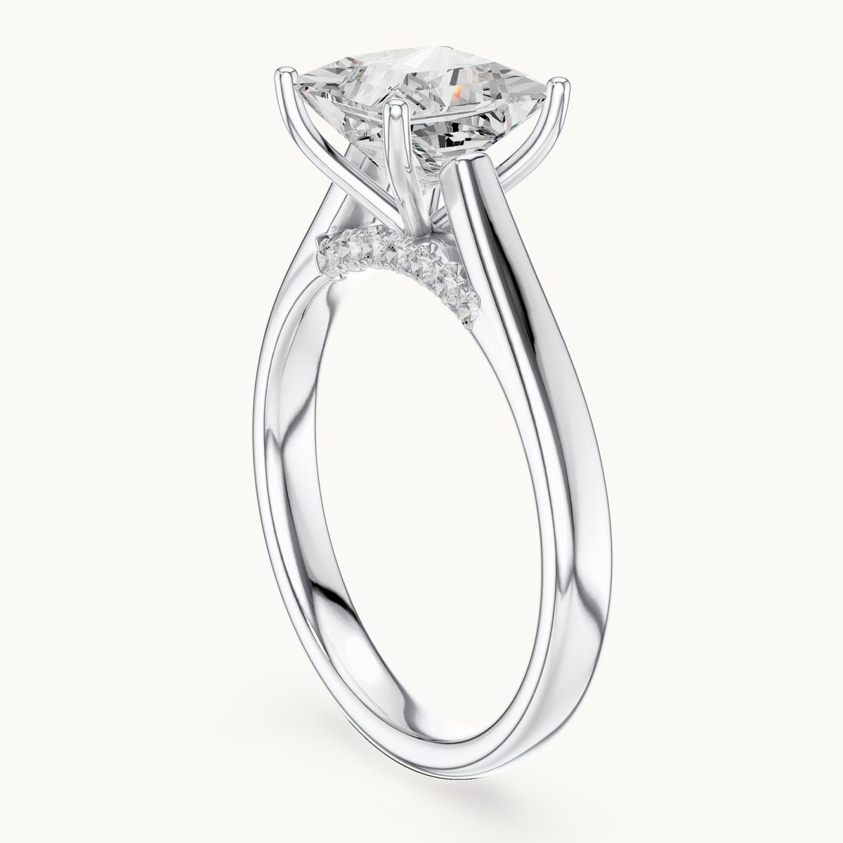 Princess-cut lab-grown diamond cathedral solitaire engagement ring with hidden diamond accents in white gold, 2.168 CT TW, view 1