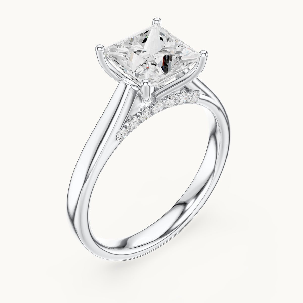 Princess-cut lab-grown diamond cathedral solitaire engagement ring with hidden diamond accents in white gold, 2.168 CT TW, view 2