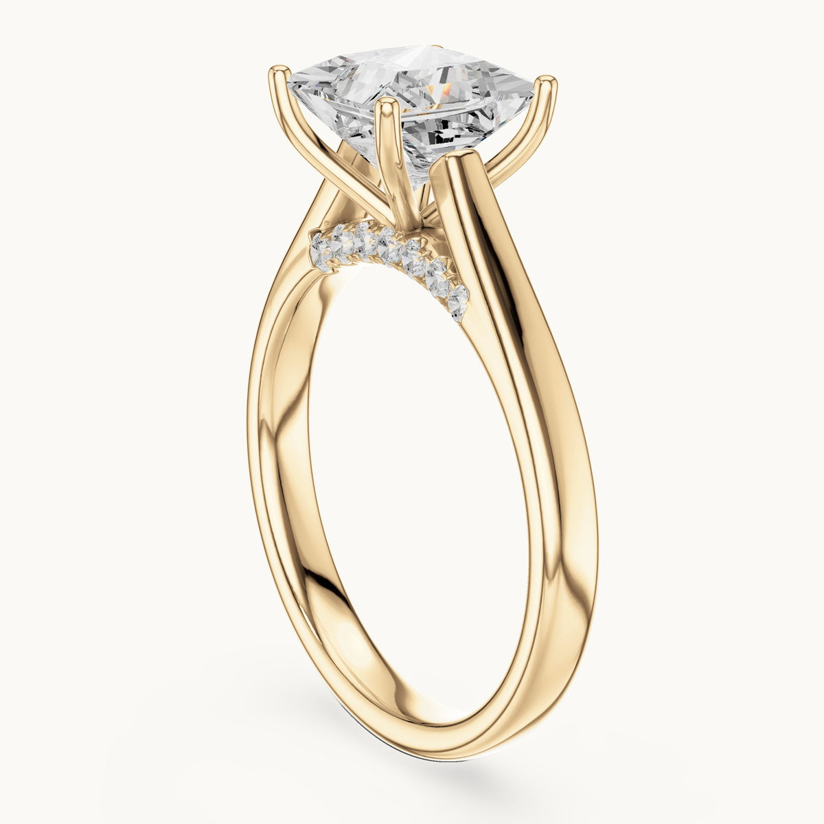 Princess-cut lab-grown diamond cathedral solitaire engagement ring with hidden diamond accents in yellow gold, 2.168 CT TW, view 1