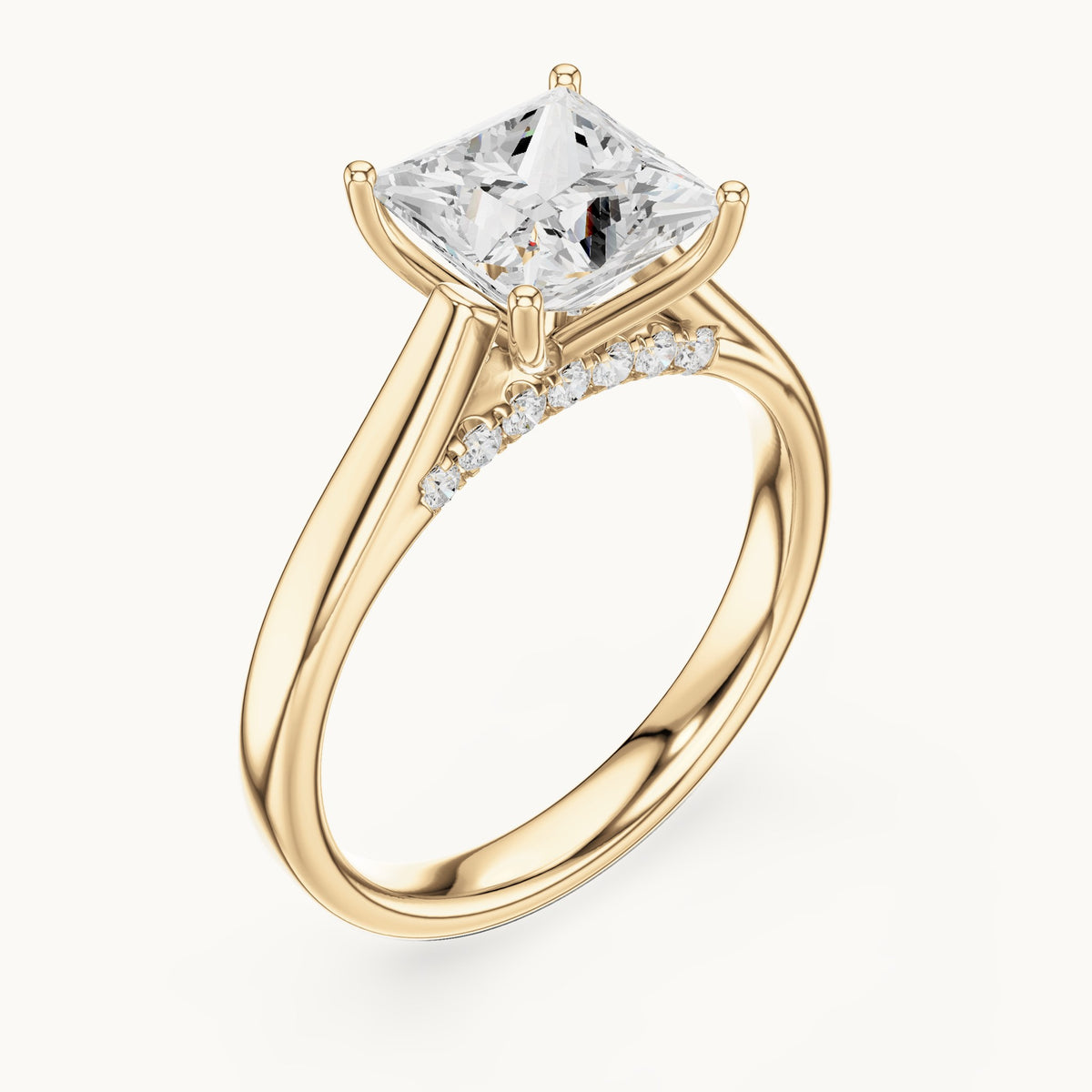 Princess-cut lab-grown diamond cathedral solitaire engagement ring with hidden diamond accents in yellow gold, 2.168 CT TW, view 2