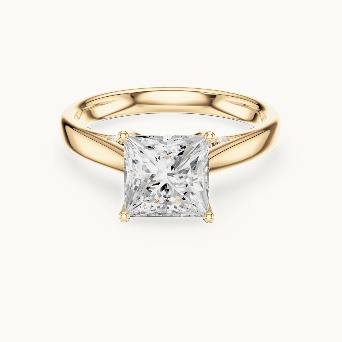 Princess-cut lab-grown diamond cathedral solitaire engagement ring with hidden diamond accents in yellow gold, 2.168 CT TW, view 4