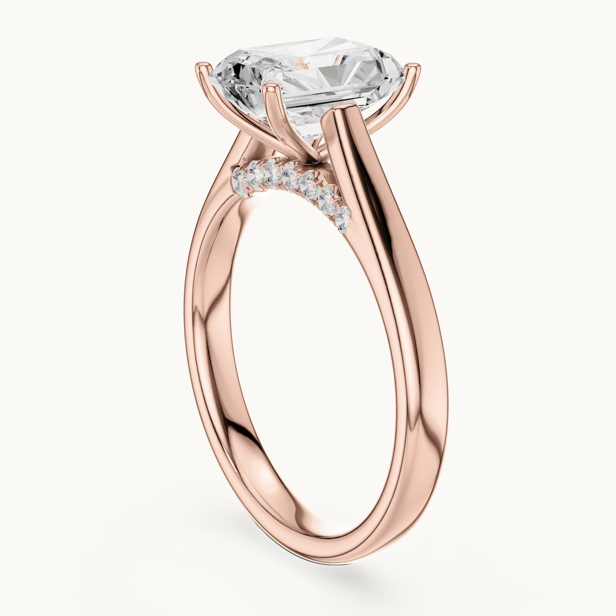 Radiant-cut lab-grown diamond cathedral solitaire engagement ring with hidden diamond accents in rose gold, 2.168 CT TW, view 1