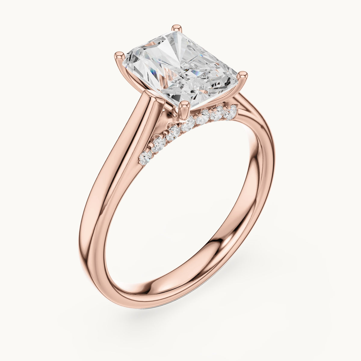 Radiant-cut lab-grown diamond cathedral solitaire engagement ring with hidden diamond accents in rose gold, 2.168 CT TW, view 2