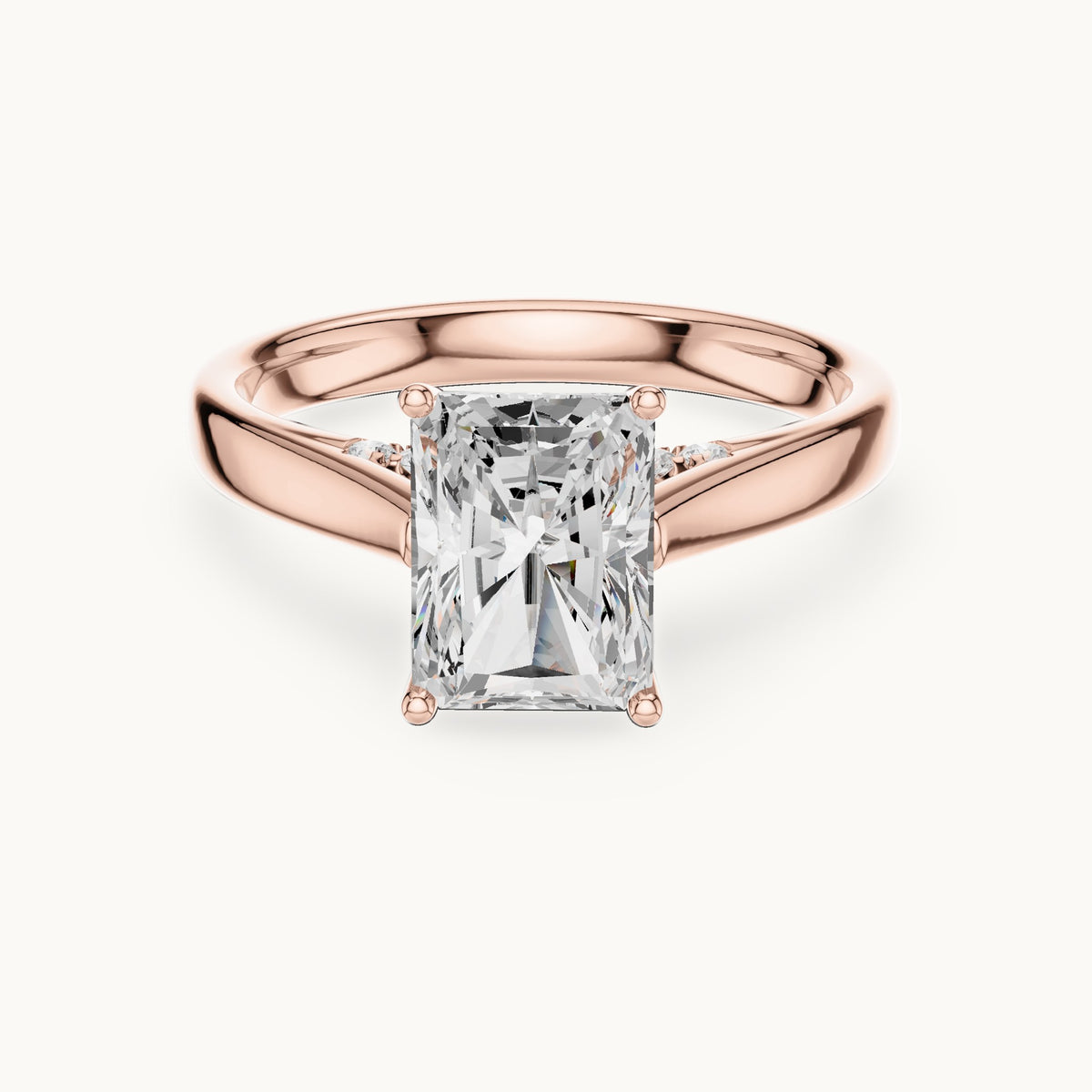 Radiant-cut lab-grown diamond cathedral solitaire engagement ring with hidden diamond accents in rose gold, 2.168 CT TW, view 4