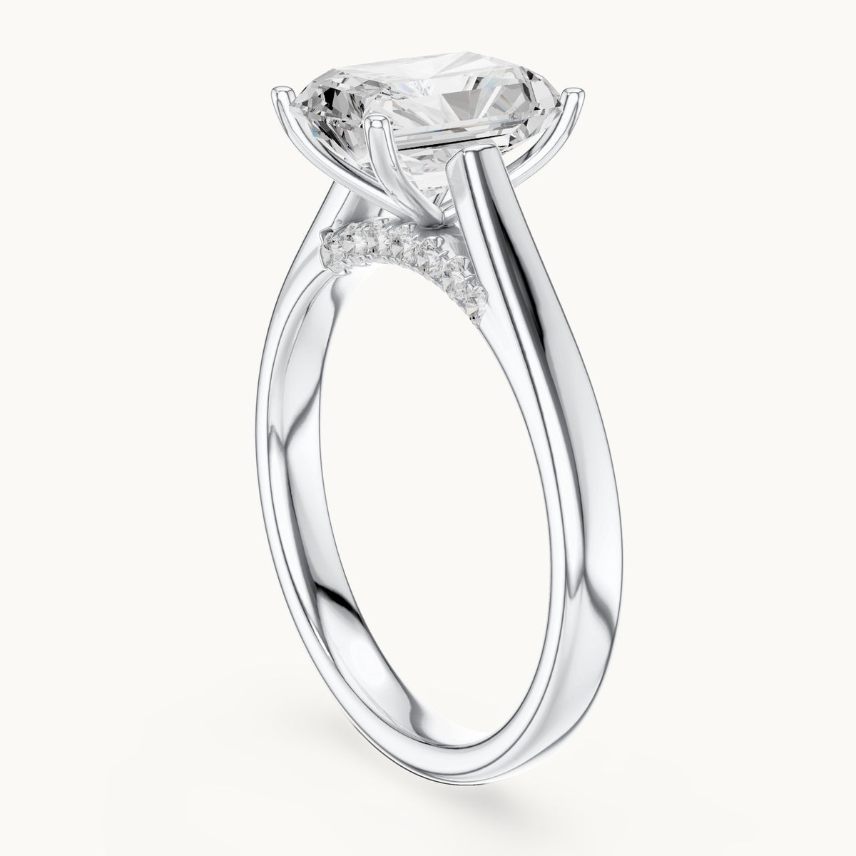 Radiant-cut lab-grown diamond cathedral solitaire engagement ring with hidden diamond accents in white gold, 2.168 CT TW, view 1