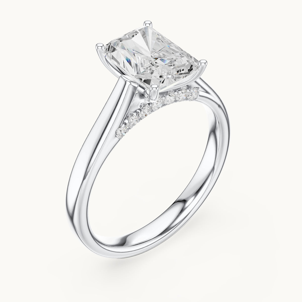 Radiant-cut lab-grown diamond cathedral solitaire engagement ring with hidden diamond accents in white gold, 2.168 CT TW, view 2