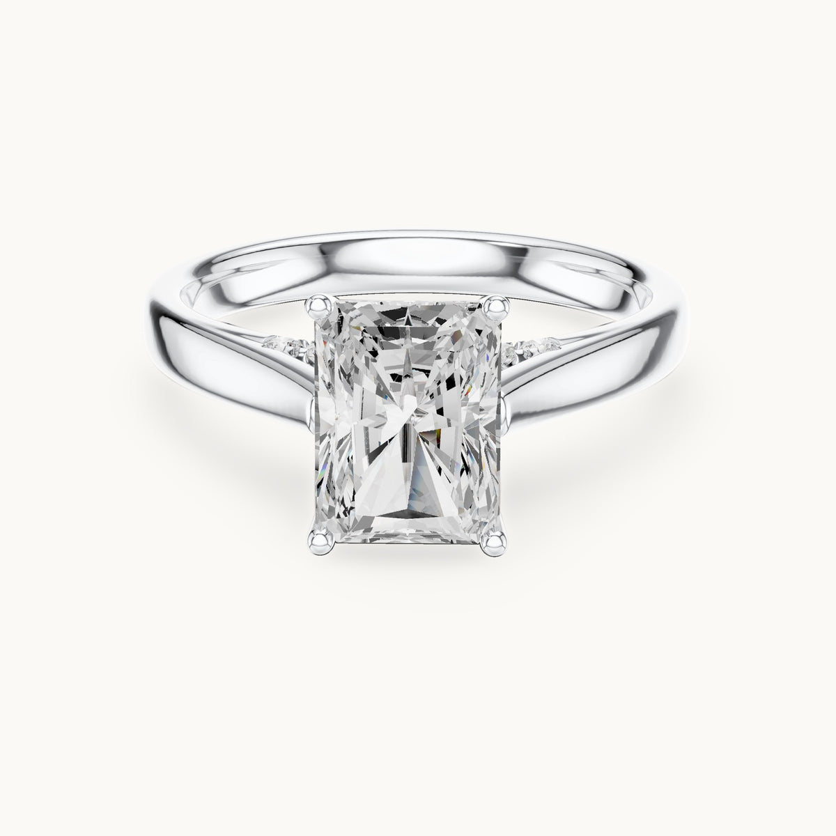 Radiant-cut lab-grown diamond cathedral solitaire engagement ring with hidden diamond accents in white gold, 2.168 CT TW, view 4
