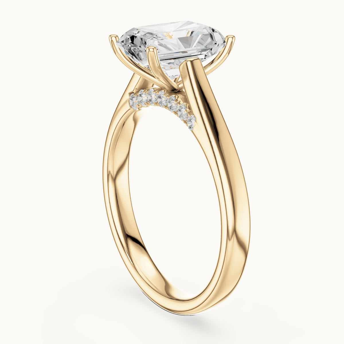 Radiant-cut lab-grown diamond cathedral solitaire engagement ring with hidden diamond accents in yellow gold, 2.168 CT TW, view 1
