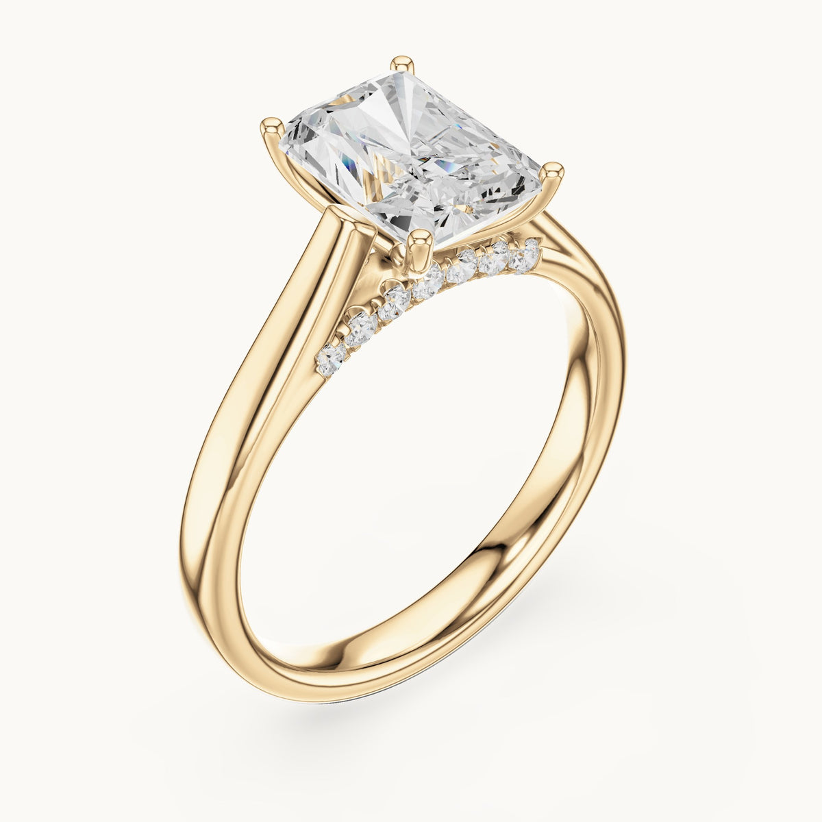 Radiant-cut lab-grown diamond cathedral solitaire engagement ring with hidden diamond accents in yellow gold, 2.168 CT TW, view 2