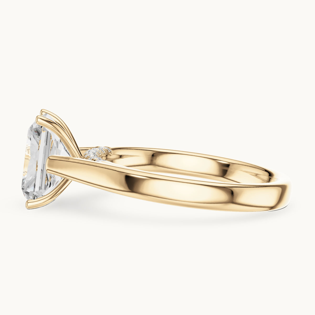 Radiant-cut lab-grown diamond cathedral solitaire engagement ring with hidden diamond accents in yellow gold, 2.168 CT TW, view 3