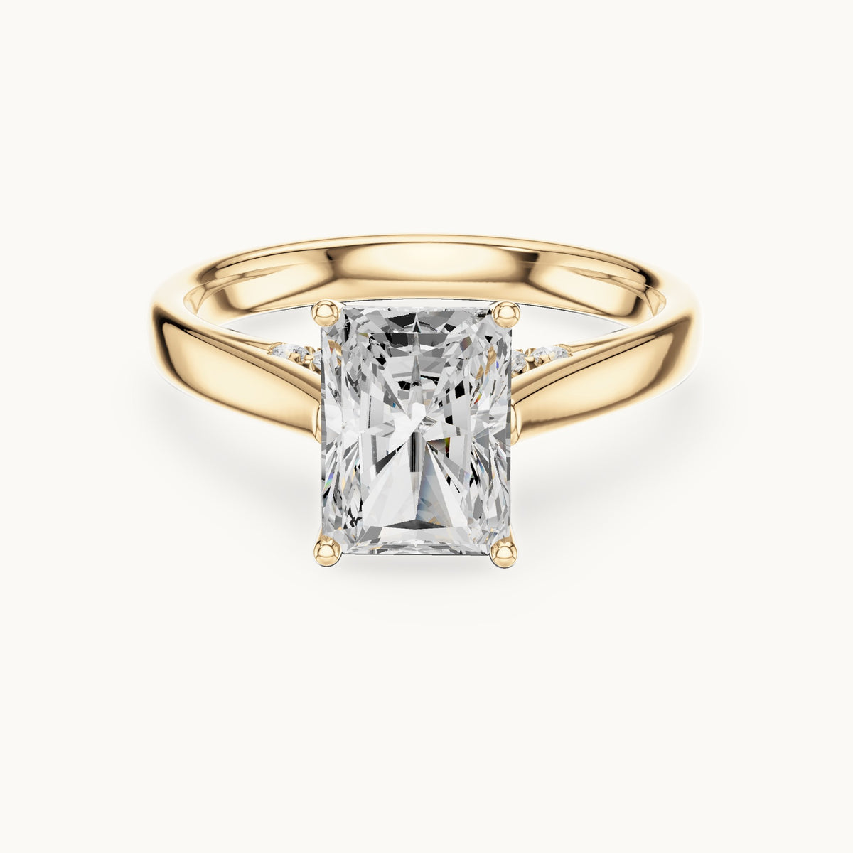 Radiant-cut lab-grown diamond cathedral solitaire engagement ring with hidden diamond accents in yellow gold, 2.168 CT TW, view 4