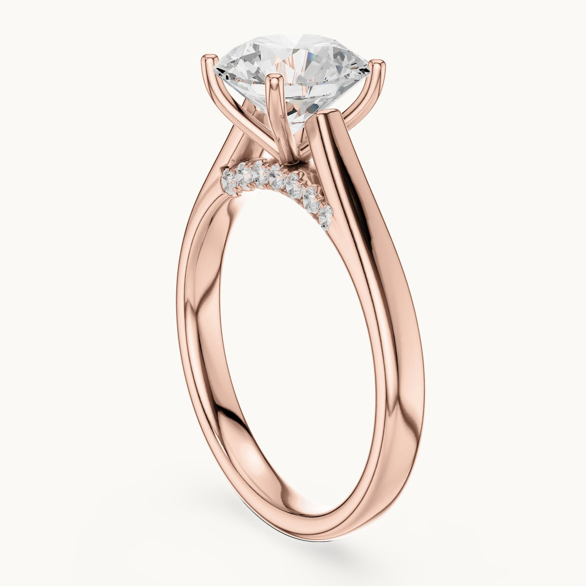 Round lab-grown diamond cathedral solitaire engagement ring with hidden diamond accents in rose gold, 2.168 CT TW, view 1