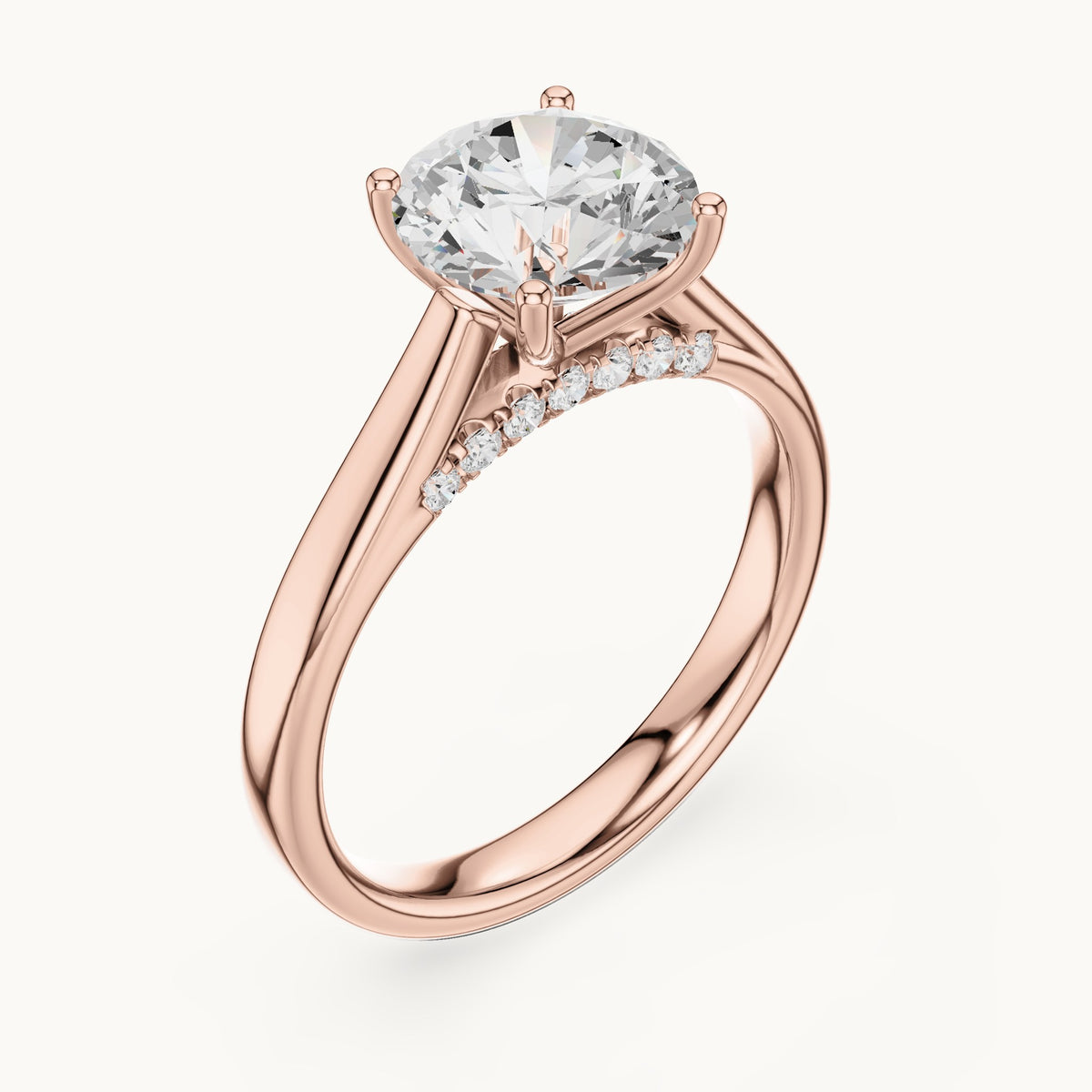 Round lab-grown diamond cathedral solitaire engagement ring with hidden diamond accents in rose gold, 2.168 CT TW, view 2