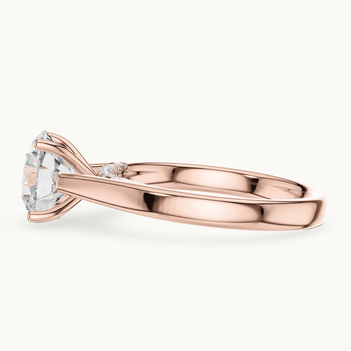 Round lab-grown diamond cathedral solitaire engagement ring with hidden diamond accents in rose gold, 2.168 CT TW, view 3