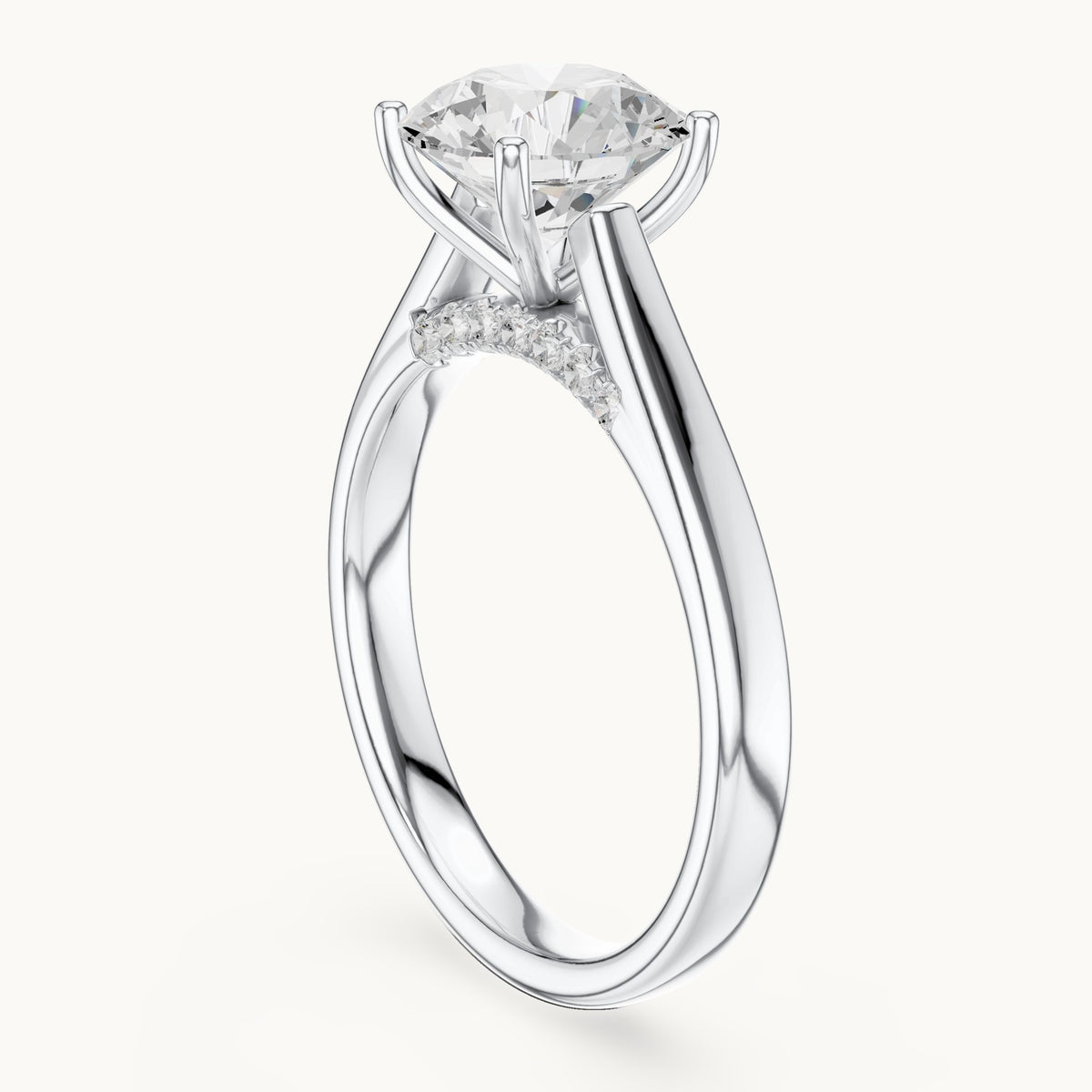 Round lab-grown diamond cathedral solitaire engagement ring with hidden diamond accents in white gold, 2.168 CT TW, view 1