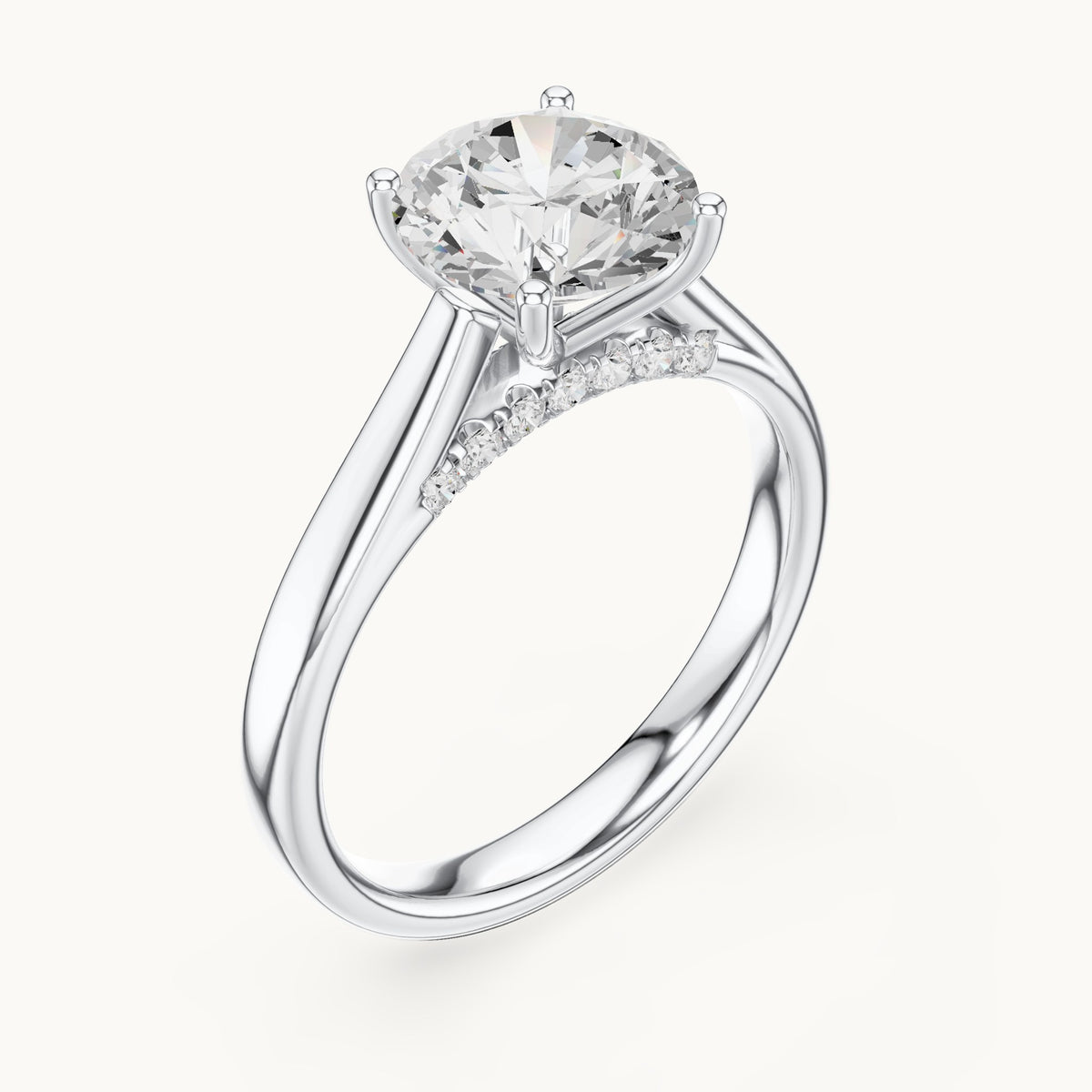 Round lab-grown diamond cathedral solitaire engagement ring with hidden diamond accents in white gold, 2.168 CT TW, view 2