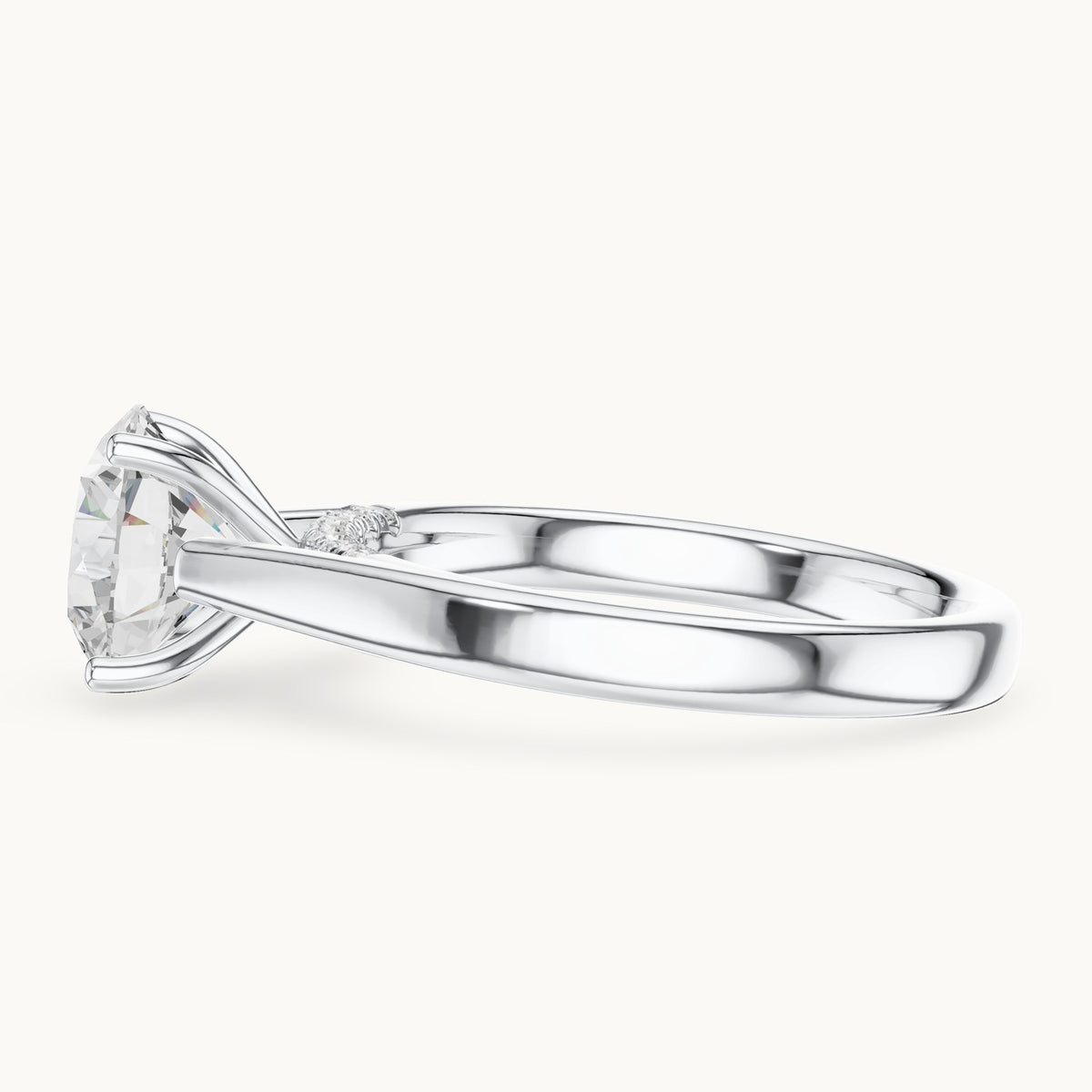 Round lab-grown diamond cathedral solitaire engagement ring with hidden diamond accents in white gold, 2.168 CT TW, view 3