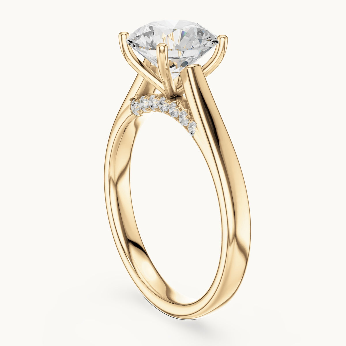 Round lab-grown diamond cathedral solitaire engagement ring with hidden diamond accents in yellow gold, 2.168 CT TW, view 1