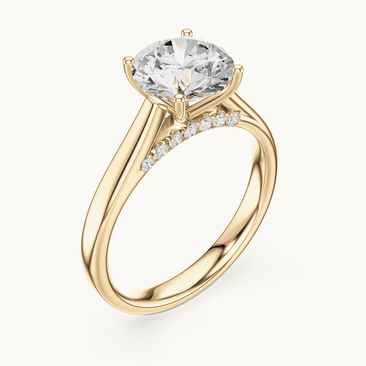 Round lab-grown diamond cathedral solitaire engagement ring with hidden diamond accents in yellow gold, 2.168 CT TW, view 2