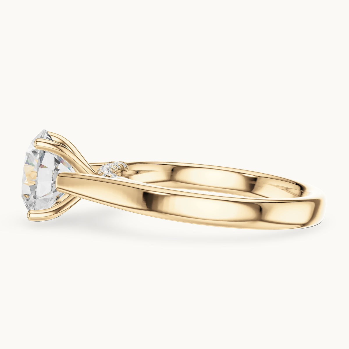 Round lab-grown diamond cathedral solitaire engagement ring with hidden diamond accents in yellow gold, 2.168 CT TW, view 3