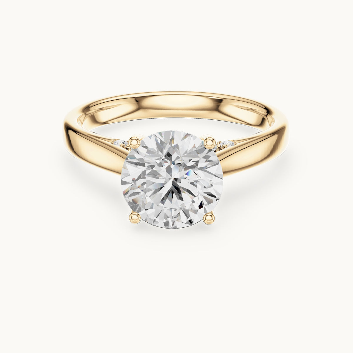 Round lab-grown diamond cathedral solitaire engagement ring with hidden diamond accents in yellow gold, 2.168 CT TW, view 4