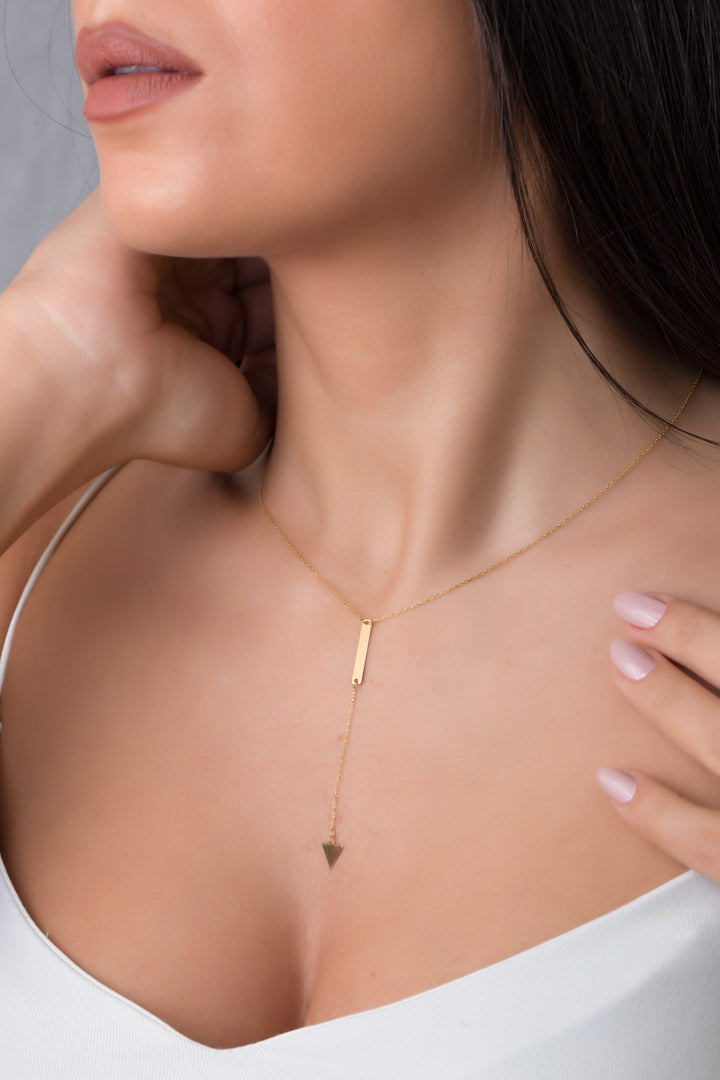 18K GOLD BAR TRIANGLE DROP NECKLACE