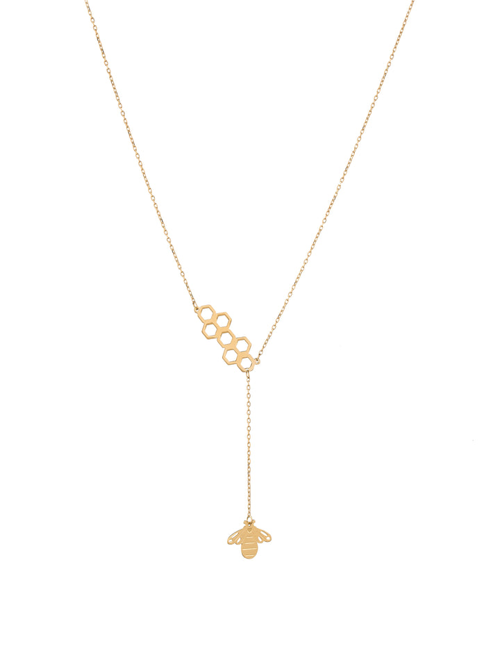 18K GOLD HONEYCOMB BEE PLUNGE NECKLACE